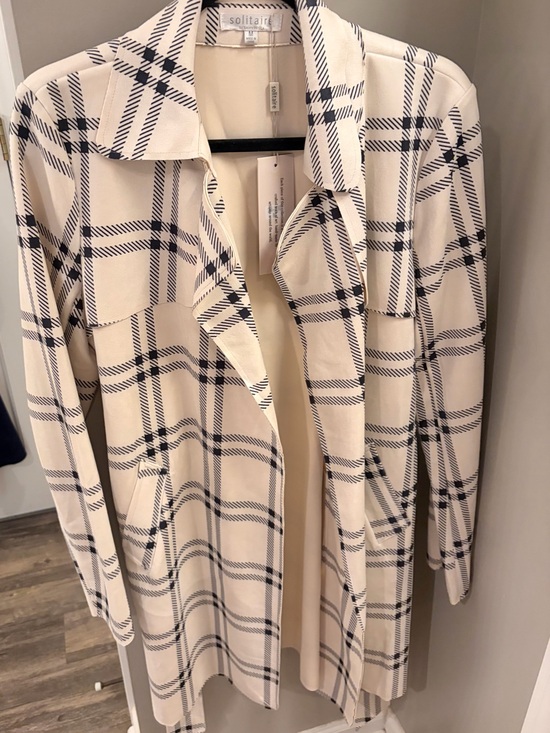 Solitaire Jackets & Blazers - Solitaire Cream and Navy Plaid Open Front Coatigan